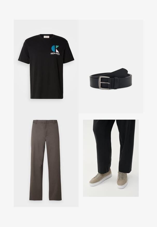 Must musta T-särk, millel on graafiline disain, kus on valgete, teal- ja roosade toonide „Calvin Klein” logo. Ümmargune kaelus ja lühikesed varrukad.; Pruunid puuvillased püksid sirge sääre disainiga, millel on vööaasad ja sile tekstuur. Ilma nähtavate mustrite või riistvarade detailideta.; Heledad hallitavad hallid nahast tossud valge kummist tallaga, ringjate nööride ja minimalistliku disainiga, kombineerituna mustade püksidega.; Mustast nahkrihm hõbedase metallitukkiga, millel on sile viimistlus ja klassikaline disain. Rihm on keritud, mille ots on suunatud ülespoole.
