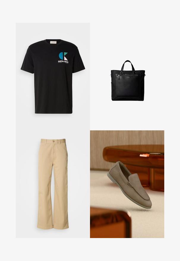 Must musta T-särk, millel on graafiline disain, kus on valgete, teal- ja roosade toonide „Calvin Klein” logo. Ümmargune kaelus ja lühikesed varrukad.; Bežid, laiused püksid, mis on valmistatud puuvillasegust. Omavad nupuvärvi ja vööaukude. Sujuv tekstuur, kus on minimaalsed õmbluse detailid.; Beežid seemisnahast slip-on kingad nähtava õmblusega ja heleda tallaga, asetatud kreemjale vaibale, taustal oranžid läbipaistvad mööbliesemed.; Must kahe käepidemega kandekott, suur esiosa nahast tasku tõmblukuga ja diskreetne Calvin Kleini logo tasku keskel.