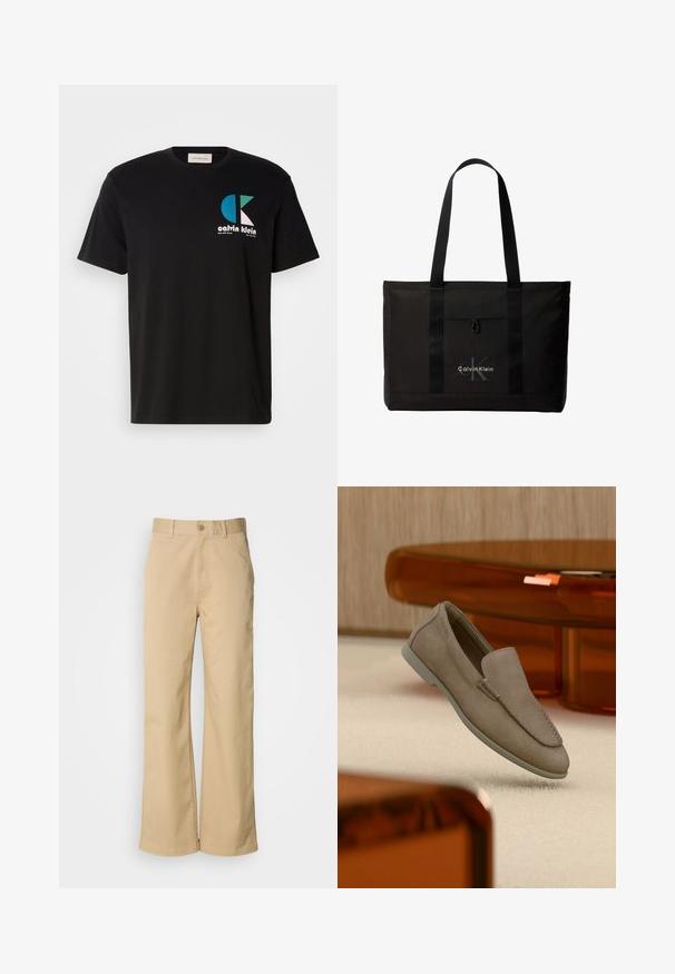 Schwarzes Baumwoll-T-Shirt mit einem Grafikdesign, das das Logo "calvin klein" in Weiß, Türkis und Pink zeigt. Runder Ausschnitt und kurze Ärmel.; Beige, weit geschnittene Hosen aus einer Baumwollmischung. Mit einem Knopfverschluss und Gürtelschlaufen. Glatte Textur mit minimalen Nähten.; Beiger Wildleder-Slipper mit sichtbarer Naht und heller Sohle, auf einem cremefarbenen Teppich platziert, mit orange-transparenten Möbeln im Hintergrund.; Schwarze Calvin Klein Tote-Tasche mit zwei langen Griffen und Fronttasche, mit dem Markenlogo in Weiß und Grau.