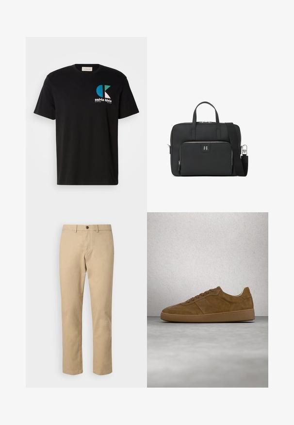 Must musta T-särk, millel on graafiline disain, kus on valgete, teal- ja roosade toonide „Calvin Klein” logo. Ümmargune kaelus ja lühikesed varrukad.; GAP SLIM PERFORMANCE STRETCH - Chino-püksid - khaki; Pruun seemisnahast spordijalats, millel on helepruunid paelad ja kummist talla. Omaduseks ümar ninaosa ning ülaosas õmmeldud detailid. Kerge disain.; Mustmust Black laptop kott, mis on valmistatud tekstureeritud kunstnahast. Omab kaht käepidet, eemaldatavat õlavarre rihma ja esimest tõmblukuga taskut logoga.