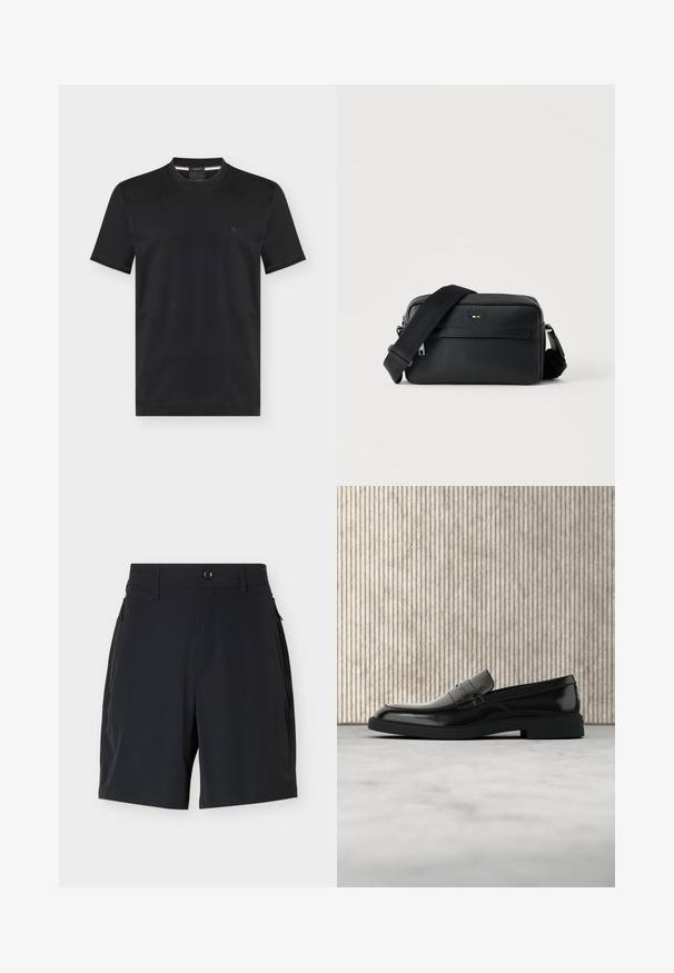 T-shirt noir à manches courtes et col rond avec petit logo brodé sur la poitrine gauche, présenté sur fond uni.; Shorts noirs ajustés avec taille boutonnée, passants pour ceinture et poches latérales zippées sur un fond clair uni.; Mocassin en cuir noir poli flottant au-dessus d'un tapis beige avec un mobilier translucide orange en arrière-plan.; Sac bandoulière en cuir noir texturé avec poche avant zippée et bandoulière large en tissu réglable sur fond blanc.