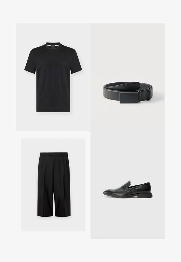 T-shirt noir à manches courtes et col rond avec petit logo brodé sur la poitrine gauche, présenté sur fond uni.; Pantalon noir à jambes larges et courtes avec passants de ceinture et plis avant, présenté sur un fond clair uni.; Mocassins en cuir noir avec une texture lisse, un nez pointu et un petit talon rectangulaire. Présente un détail de bande horizontale sur le dessus.; Ceinture en cuir noir enroulée avec une boucle noire mate rectangulaire et un logo embossé discret sur fond blanc.