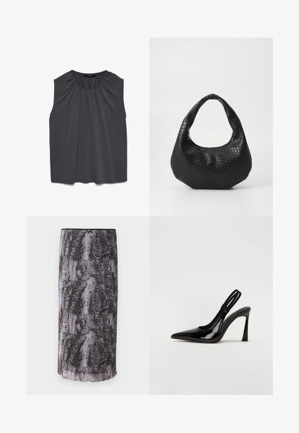 Blouse sans manches gris foncé avec encolure froncée et coupe décontractée, en tissu lisse et léger.; Jupe crayon en imprimé serpent noir et gris avec un tissu transparent et texturé. Comprend un ourlet en forme de vagues et des détails au niveau du bord supérieur.; Escarpin en cuir verni noir à talon aiguille, à bout pointu, avec une sangle élastique double pour un maintien sécurisé. Surface lisse et brillante.; Sac à main tissé noir avec une poignée courbée, présentant une surface texturée et une forme décontractée. Fini lisse avec une silhouette organique.