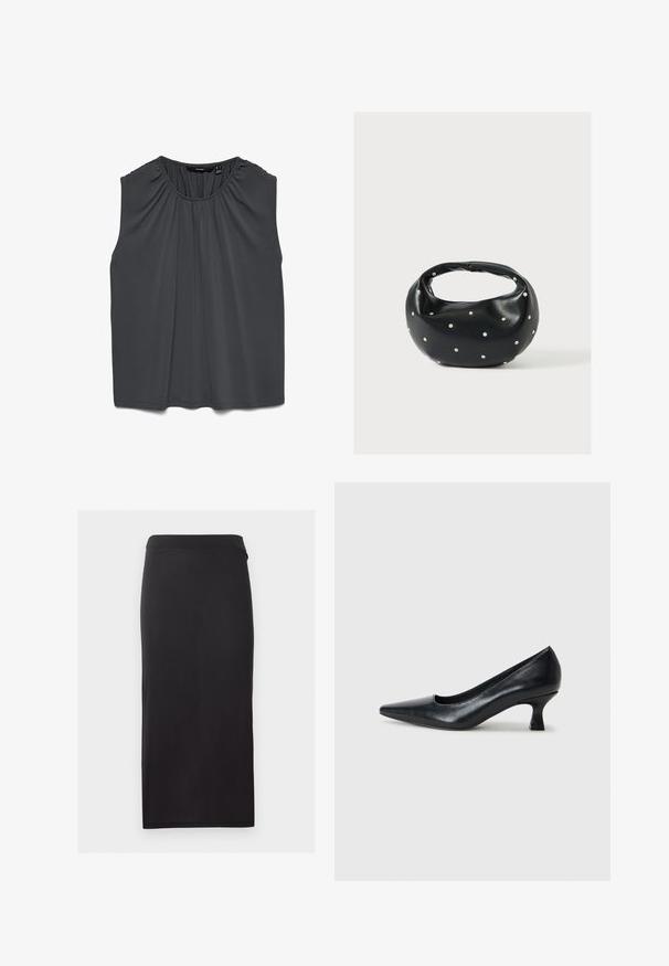 Blouse sans manches gris foncé avec encolure froncée et coupe décontractée, en tissu lisse et léger.; Jupe crayon noire longueur genou avec une silhouette droite et ajustée, sans motifs ni ornements visibles.; Pompe en cuir noir avec un bout pointu et un petit talon carré. Texture lisse, lignes épurées, design simple sans motifs ni ornements visibles.; Sac à main en cuir noir de forme arrondie, décoré de clous argentés et équipé d'une poignée courte. Texture lisse et fermeture éclair.