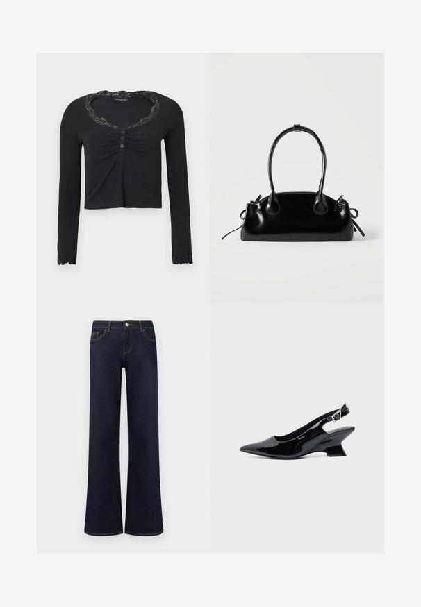 Chemise noire à manches longues avec un col orné de dentelle, comportant un devant froncé et une patte de boutonnage à trois boutons, design légèrement raccourci.; Jean en denim bleu foncé à jambes larges avec poches avant, fermeture par bouton et fermeture éclair, et coutures contrastantes visibles.; Chaussure slingback en cuir verni noir avec bout pointu et petit talon bloc incliné sur fond clair uni.; Petit sac à main noir brillant avec deux longues anses et des détails à cordon sur les côtés sur un fond clair uni.