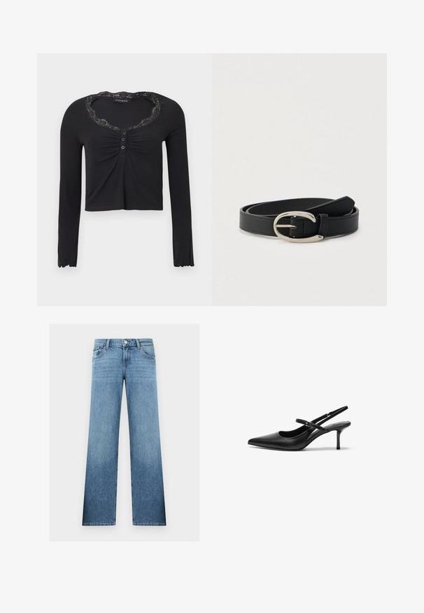 Chemise noire à manches longues avec un col orné de dentelle, comportant un devant froncé et une patte de boutonnage à trois boutons, design légèrement raccourci.; Jean en denim bleu clair à jambes droites avec bouton frontal, fermeture éclair, passants pour ceinture, ainsi que poches avant et arrière.; Talons aiguilles noires en cuir avec un bout pointu, une fine bride réglable, et un talon aiguille d'environ 5 cm, texture lisse.; Ceinture en cuir noir avec boucle ovale argentée, roulée sur un fond gris clair.