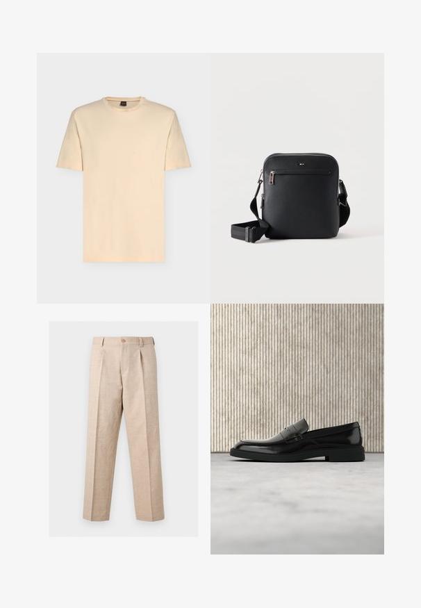 T-shirt beige clair à manches courtes avec col rond et logo discret "BOSS" centré sur la poitrine.; Pantalon beige à jambes droites avec plis, fermeture par bouton, passants pour ceinture et coupe ajustée.; Mocassin en cuir noir poli flottant au-dessus d'un tapis beige avec un mobilier translucide orange en arrière-plan.; Sac bandoulière en cuir noir avec poche zippée à l'avant et bandoulière réglable sur fond blanc uni.