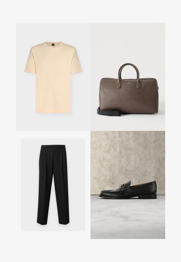 T-shirt beige clair à manches courtes avec col rond et logo discret "BOSS" centré sur la poitrine.; Pantalon noir sur mesure avec jambes droites, plis à la taille, passants de ceinture et poches latérales fendues, présenté sur un fond uni.; Mocassin en cuir noir avec mors en métal doré et logo "HUGO", présenté sur un tapis beige et un meuble translucide marron.; Sac de sport en cuir marron avec deux poignées, une bandoulière noire réglable et un petit logo "BOSS" au centre à l'avant.