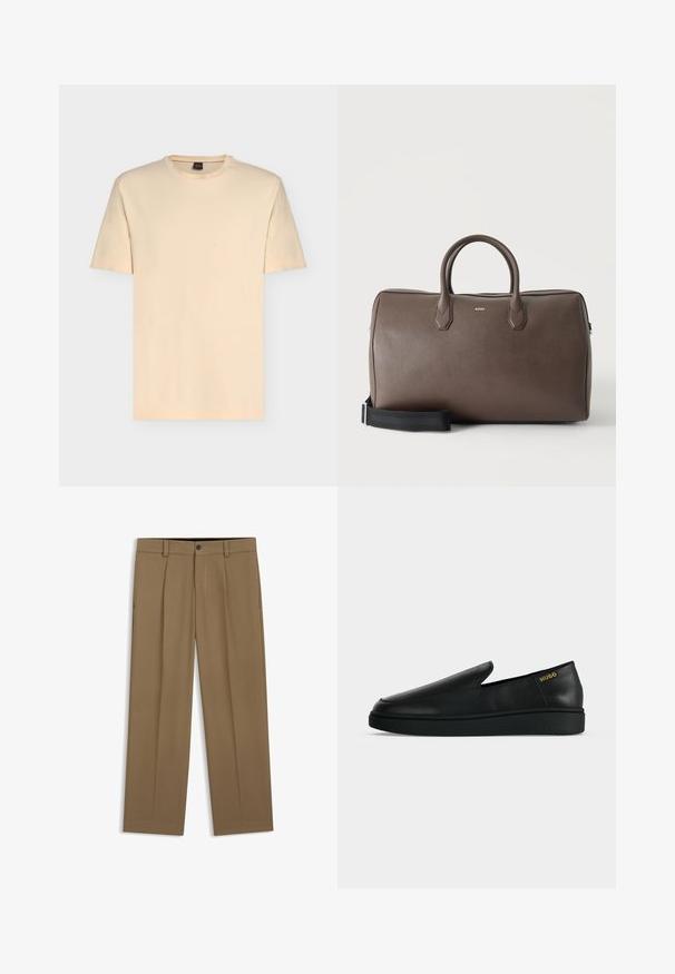 T-shirt beige clair à manches courtes avec col rond et logo discret "BOSS" centré sur la poitrine.; Pantalon droit marron avec passants de ceinture, bouton sur le devant et fermeture éclair, présenté à plat sur fond blanc.; Chaussure noire en cuir à enfiler avec semelle épaisse et marquage "HUGO" en or près du talon sur un fond uni gris clair.; Sac de sport en cuir marron avec deux poignées, une bandoulière noire réglable et un petit logo "BOSS" au centre à l'avant.