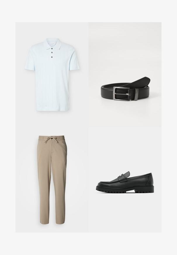Polo bleu clair à manches courtes avec col, trois boutons foncés et fines rayures verticales texturées.; Pantalon beige en tissu doux, doté d'une taille à cordon de serrage et d'une coupe décontractée, avec des jambes droites et sans poches visibles.; Mocassins en cuir noir à bout arrondi, avec un design cousu, une semelle plateforme basse et une semelle en caoutchouc texturée et crantée.; Ceinture en cuir noir avec une boucle en métal argenté, présentant une finition lisse et un design classique. La ceinture est soigneusement pliée.