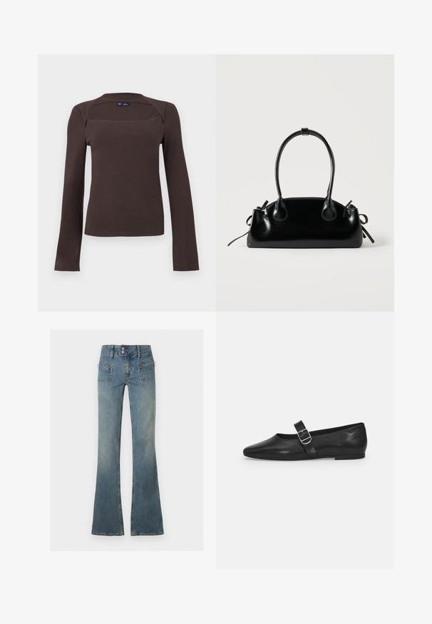 Haut à manches longues côtelé de couleur marron foncé avec un col carré et un léger détail de col, étiquette taille petite de GAP, présenté sur un fond uni.; Jean en denim bleu taille haute avec double fermeture à boutons, fermeture éclair devant, poches zippées et jambes évasées sur fond uni.; Chaussure plate en cuir noir avec un bout arrondi, une seule sangle réglable à boucle et une texture lisse et brillante. Design minimaliste avec un petit talon.; Petit sac à main noir brillant avec deux longues anses et des détails à cordon sur les côtés sur un fond clair uni.
