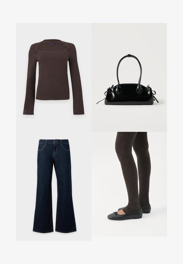 Haut à manches longues côtelé de couleur marron foncé avec un col carré et un léger détail de col, étiquette taille petite de GAP, présenté sur un fond uni.; Jean en denim bleu foncé avec bouton et fermeture éclair à l'avant, cinq poches et jambes légèrement évasées et larges.; Jambes portant des leggings côtelés foncés associés à des ballerines noires avec de petits détails en nœud sur fond blanc.; Petit sac à main noir brillant avec deux longues anses et des détails à cordon sur les côtés sur un fond clair uni.