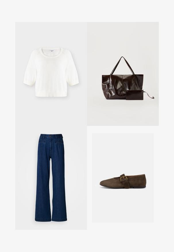 Pull en maille blanc à manches courtes avec encolure ronde et poignets côtelés, présenté à plat sur un fond clair.; Jean large en denim bleu foncé. Comprend une fermeture avant à bouton et zip, deux poches avant, et deux poches arrière. Texture lisse sans motifs.; Chaussure plate en daim marron avec une large bride et une boucle dorée, bout arrondi et semelle noire basse, vue de profil sur fond blanc.; Grand sac cabas en cuir marron foncé brillant avec deux bretelles d'épaule et une petite pochette zippée assortie avec une lanière pour le poignet.