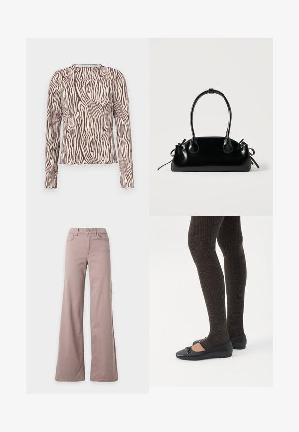 Haut ajusté à manches longues avec encolure haute, présentant un imprimé beige et brun foncé ondulé semblable à un zèbre, avec un ourlet et des poignets légèrement froncés.; Pantalon taille haute à jambes larges de couleur mauve clair avec poches avant, passants de ceinture et fermeture par bouton sur un fond uni.; Jambes portant des leggings côtelés foncés associés à des ballerines noires avec de petits détails en nœud sur fond blanc.; Petit sac à main noir brillant avec deux longues anses et des détails à cordon sur les côtés sur un fond clair uni.