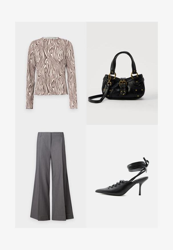 Haut ajusté à manches longues avec encolure haute, présentant un imprimé beige et brun foncé ondulé semblable à un zèbre, avec un ourlet et des poignets légèrement froncés.; Pantalons larges gris en tissu texturé, avec une taille haute et des plis avant. Les finitions d'ourlet sont nettes sans accents supplémentaires.; Chaussure à talon haut noire à bout pointu avec laçage à l'avant et brides enroulées autour de la cheville nouées en nœud, vue de côté sur fond blanc.; Sac à main en cuir noir avec boucle dorée et détails à rivets, poignées courtes et bandoulière réglable sur fond blanc uni.