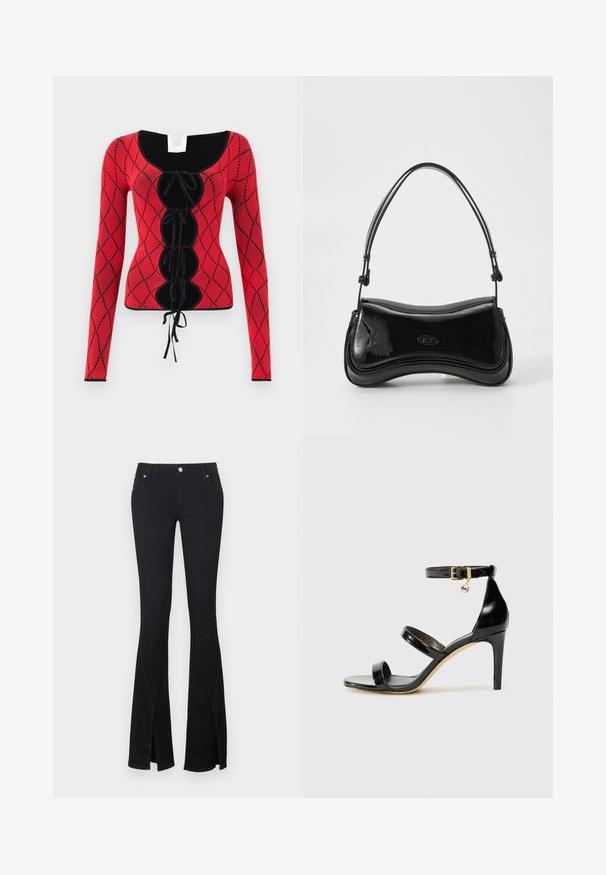 Haut à manches longues en tricot rouge avec un motif en losanges, des accents noirs, un col rond et un détail à lacets à l'avant avec des liens.; Jean noir évasé en denim doux, avec fentes à la cheville, deux poches avant et fermeture à bouton en métal. Design classique avec une finition soignée.; Sandale en cuir verni noir avec trois brides, boucle de cheville et talon aiguille de 10 cm. Présente un détail en métal doré et un charm logo.; Sac à main en vernis noir avec une forme courbée, une poignée unique et un fond arrondi. Présente un détail de logo discret à l'avant.