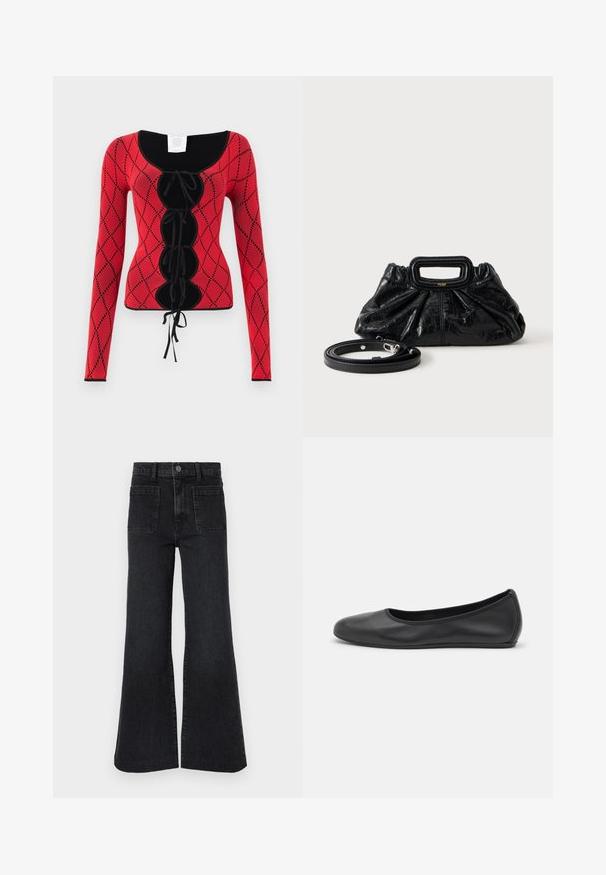 Haut à manches longues en tricot rouge avec un motif en losanges, des accents noirs, un col rond et un détail à lacets à l'avant avec des liens.; Jean noir évasé taille haute avec passants de ceinture, bouton avant, fermeture éclair et deux grandes poches plaquées à l'avant sur fond blanc.; Ballerines en cuir noir avec un bout rond, texture lisse, détails de couture minimalistes et design de semelle flexible.; Petit sac à main en cuir noir avec texture froncée, poignée rectangulaire et fine bandoulière amovible placée à côté.