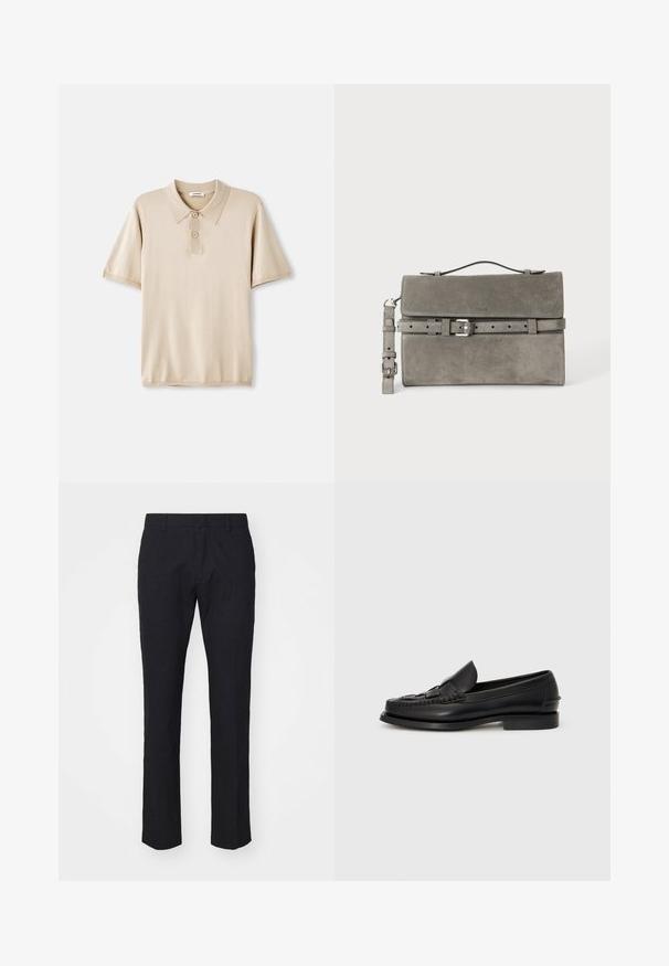 Polo beige avec col et patte de boutonnage à trois boutons. Manches courtes, texture douce et ourlet droit. Design minimaliste.; Pantalon bleu marine avec une coupe ajustée, fabriqué en tissu lisse. Il présente un devant plat, des passants de ceinture et des jambes droites avec un ourlet soigné.; Mocassin en cuir noir avec un détail tissé à l'avant, bout arrondi et petit talon. Texture lisse et design minimaliste.; Pochette rectangulaire en daim gris avec poignée supérieure, bandoulière détachable et détail de ceinture à boucle argentée sur le rabat avant.