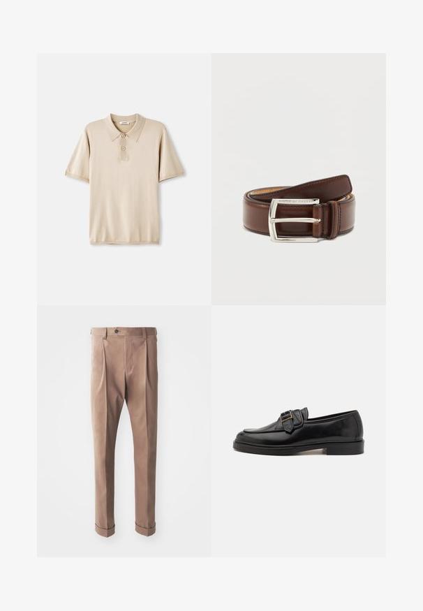 Beige Poloshirt mit Kragen und dreiknopfiger Leiste. Kurze Ärmel, weiche Textur und gerader Saum. Minimalistisches Design.; Khakihosen aus strukturierter Stoffqualität, mit hoher Taille, Falten und umgeschlagenen Säumen, sowie einem einzelnen Knopfverschluss an der Taille.; Schwarze Leder-Lederschuhe mit abgerundeter Zehenpartie und dekorativem Schnallenakzent. Flacher, solider Absatz und durchgehend glatte Oberfläche.; Gekringelter glatter brauner Ledergürtel mit silberner rechteckiger Schnalle, graviert mit "Tiger of Sweden" auf neutralem Hintergrund.