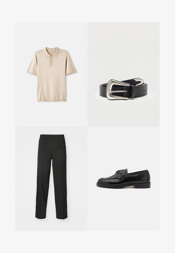 Beige polo skjorte med krave og tre-knaps lukning. Korte ærmer, blød tekstur og lige søm. Minimalistisk design.; Sorte bukser lavet af strækbart stof, med lige snit, sidelommer med lynlås og en glat tekstur uden synlige mønstre.; Sorte læder loafers med rund tå og en dekorativ spændeaccent. Flad, solid hæl og glat tekstur hele vejen igennem.; Sort læderbælte med stort, sølvfarvet western-spænde og matcher sølv bæltespids, rullet sammen på hvid baggrund.