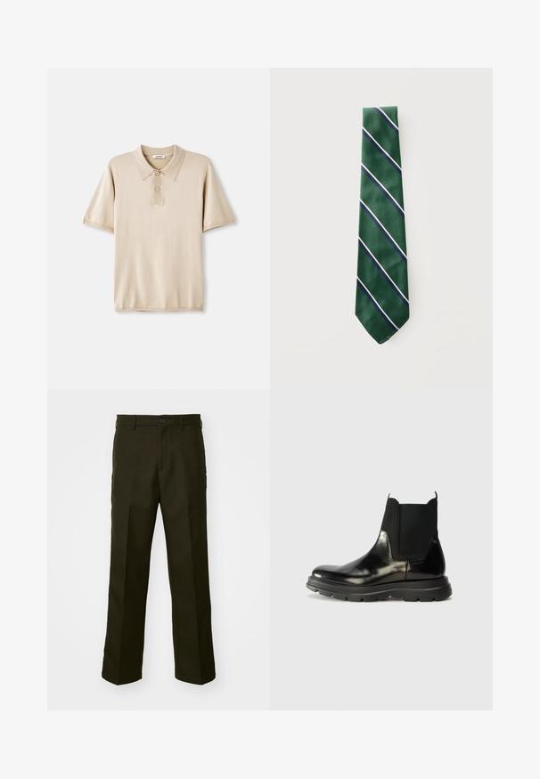 Beige Poloshirt mit Kragen und dreiknopfiger Leiste. Kurze Ärmel, weiche Textur und gerader Saum. Minimalistisches Design.; The Kooples PANTALON - Stoffhose - kaki; Schwarze Leder Chelsea-Stiefel mit elastischen Seitenpaneelen, einer abgerundeten Zehenpartie und einer strukturierten Gummisohle mit Rillen für besseren Halt.; Grüne Krawatte mit marineblauen und weißen diagonalen Streifen auf hellem grauem Hintergrund.