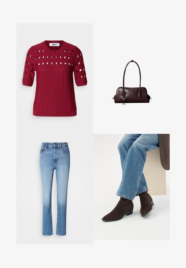 Rød strikket sweater med korte ærmer, der har en ribbet tekstur og åbne huller i et mønster over brystet og ærmerne.; Blå denimjeans med høj talje, lige ben-design, falmede farvegradient og fem-lomme stil. Metalknap- og lynlås-lukning.; Ben krydset iført lyseblå jeans og mørkebrune ruskind ankelsstøvler med lave blokhæle mod en ensfarvet baggrund.; Mørkebrun lædertaske fra Calvin Klein med lange dobbelte håndtag og en lille logohængende ved det ene håndtag.