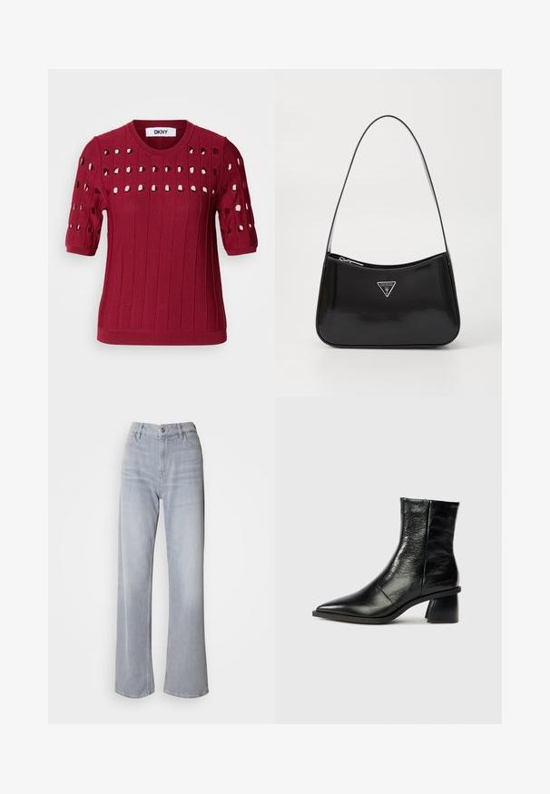 Rød strikket sweater med korte ærmer, der har en ribbet tekstur og åbne huller i et mønster over brystet og ærmerne.; Lys grå vidde jeans med høj talje, lavet af denim. Har forlommer, lynlås og subtil falmen over det hele.; Sort læder ankelstøvle med spids tå, mellem blokhæl, glat tekstur og minimal syningsdetaljer. Brandlogo præget ved hælen.; Sort patenteret læder skuldertaske med en buet form, prydet med et sølvfarvet trekantet logo og en lynlås-lukning. Glat tekstur og slank rem.