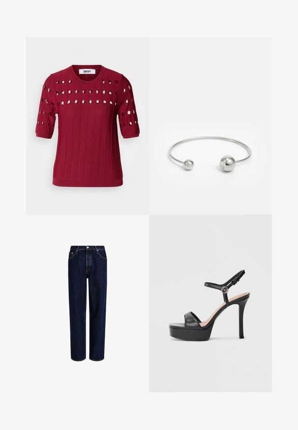 Rød strikket sweater med korte ærmer, der har en ribbet tekstur og åbne huller i et mønster over brystet og ærmerne.; Mørkeblå denim jeans med lige ben-design, der har høj talje, fem-lomme-stil og kontrastsyninger. Ingen dekorationer.; Sorte platformsandaler med høj stiletthæl, der har en glat læderoverdel, peep toe-design og en justerbar ankelrem med metalbeslag.; Sølvmetal bangle armbånd med to sfæriske accenter i hver ende, glat overflade, åben design og slank, minimalistisk form.