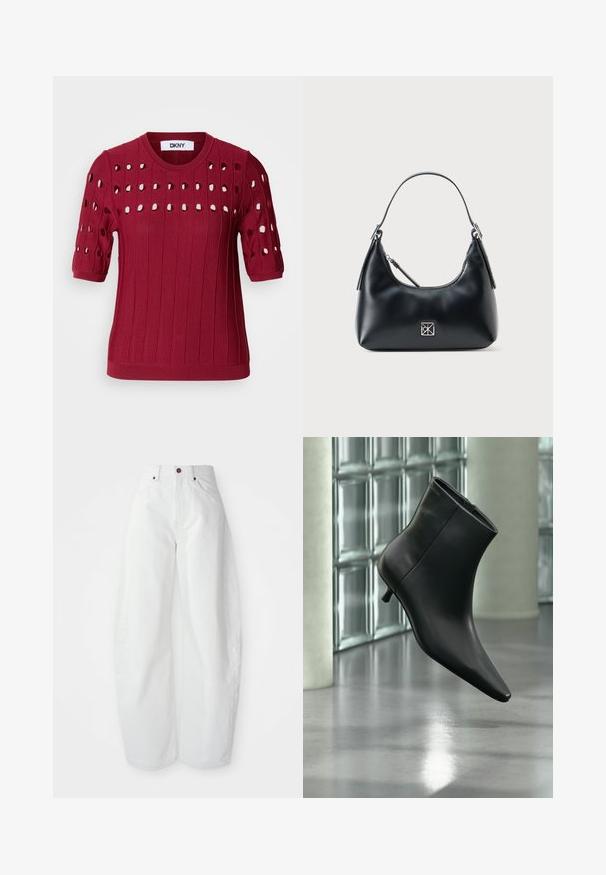 Rød strikket sweater med korte ærmer, der har en ribbet tekstur og åbne huller i et mønster over brystet og ærmerne.; Højtaljede hvide denimbukser med løs pasform. Har en knaplukning, sidelommer og et minimalistisk design. Glat tekstur.; Sort læderankelstøvle med spids tå og lav kitten-hæ, vist vinklet mod en poleret gulv- og glasblokvæg.; Sort læder skuldertaske med et enkelt håndtag, lynlåslukning og et lille kvadratisk sølvlogo på forsiden.