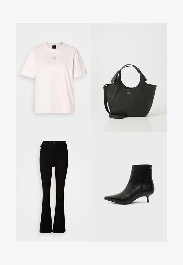 T-shirt en coton blanc avec un col rond, des manches courtes et un détail de logo discret au centre, ornée de petites clous métalliques.; Jean noir évasé en denim, avec une taille haute, des poches avant, et un design classique à cinq poches avec des accents en métal.; Bottine en cuir noir avec bout pointu et petit talon kitten sur fond clair, vue côté extérieur.; Sac à main en cuir noir avec une surface texturée, un design courbé, des poignées doubles et une bandoulière amovible. Présente un logo de marque à l'avant.