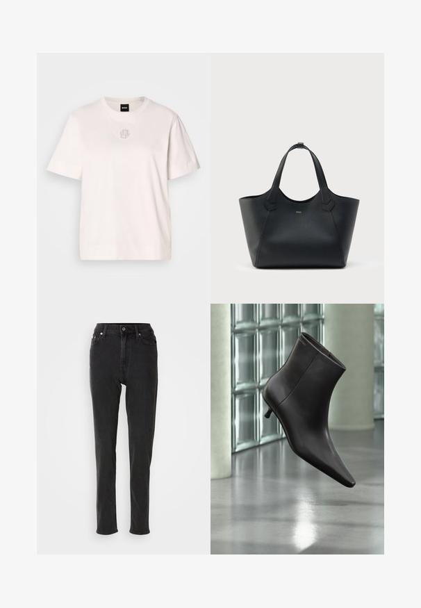 T-shirt en coton blanc avec un col rond, des manches courtes et un détail de logo discret au centre, ornée de petites clous métalliques.; Jean en denim noir taille haute, coupe slim, équipé d'une fermeture à boutons, de passants pour ceinture et de surpiqûres contrastées. Texture lisse, sans motifs visibles.; Bottine en cuir noir avec bout pointu et petit talon, présentée devant un mur en blocs de verre et un sol poli.; Sac fourre-tout en cuir noir texturé avec deux poignées et un petit logo "BOSS" doré centré sur le devant.