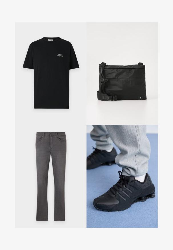 Must mustriga T-särk lühikeste varrukatega, ümar kaelus ning vasakul rinnal väike valge tikand, millel on kiri "uued originaalid".; Meeste slim-fit hallid teksad esikottide, vööde jaoks silmade ja nupuga kinnisega valgel taustal.; Isik mustade Nike Shox tossudega ja hallides dressipükstes seisab helesinise vaiba peal.; Mustast nailonist kullerikott reguleeritava rihmaga, lame disain ja külgedel asuv logo sildiga. Sile tekstuur ja minimalistlik stiil.
