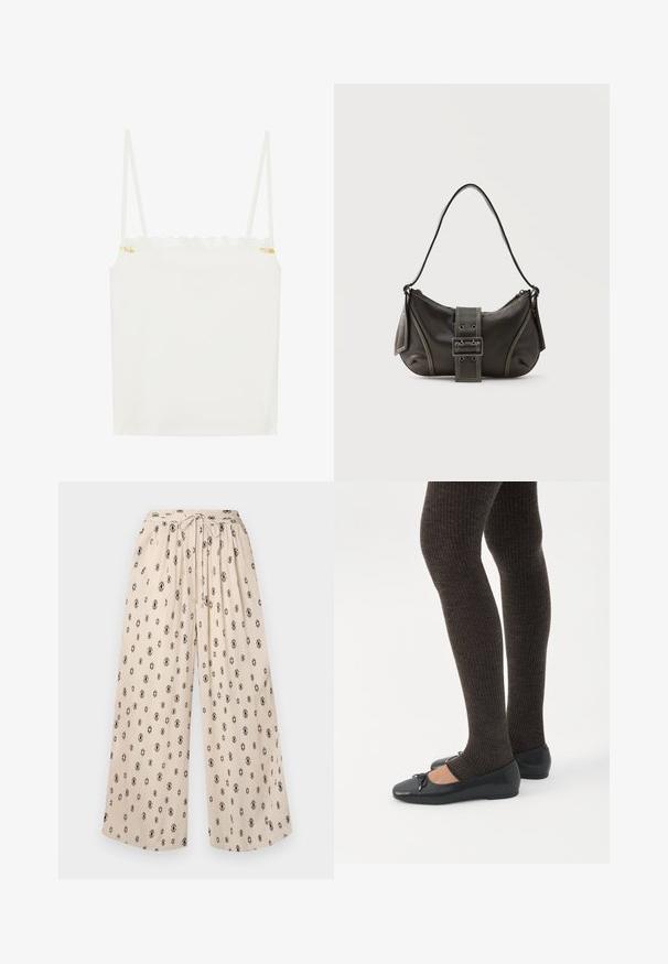 Débardeur blanc à fines bretelles, avec un décolleté en dentelle festonnée et un petit accent floral sur le côté. Texture lisse, design simple.; Pantalons larges beige avec une taille à nouer, ornés d'un motif de losanges noirs. Fabriqués dans un tissu léger pour plus de confort.; Jambes portant des leggings côtelés foncés associés à des ballerines noires avec de petits détails en nœud sur fond blanc.; Sac à épaule en cuir noir avec une sangle à boucle, des bords arrondis et des coutures blanches contrastées sur un fond uni.