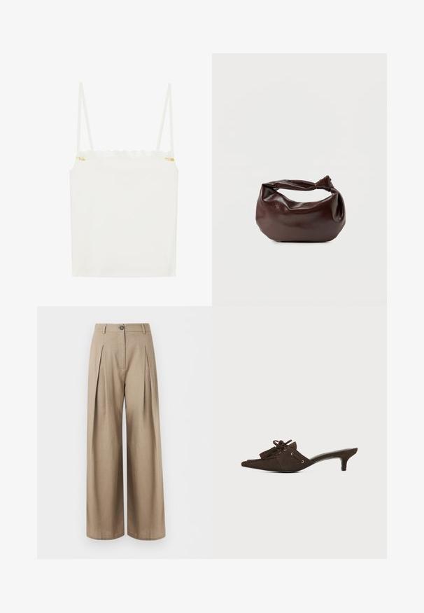 Débardeur blanc à fines bretelles, avec un décolleté en dentelle festonnée et un petit accent floral sur le côté. Texture lisse, design simple.; Pantalon beige à jambes larges avec plis sur le devant, fermeture par boutons, passants pour ceinture et finition lisse du tissu, présenté sur fond blanc.; Mule en daim marron avec bout pointu, petit talon kitten, lacets noués en nœud et détails à pompons sur fond blanc.; Sac bandoulière en cuir marron foncé avec une forme souple et décontractée et une anse nouée torsadée sur un fond blanc uni.