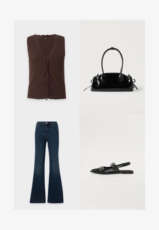Top marron sans manches en maille côtelée avec col en V et fermetures nouées à l'avant, présentant des bords festonnés à l'ourlet et à l'encolure.; Jean en denim bleu foncé taille haute avec coupe évasée, fermeture devant par bouton et zip, poches devant et derrière.; Even&Odd by Zalando Ballerines à brides arrière - black; Petit sac à main noir brillant avec deux longues anses et des détails à cordon sur les côtés sur un fond clair uni.