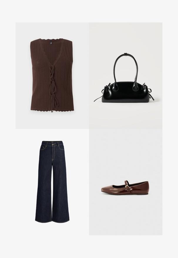 Top marron sans manches en maille côtelée avec col en V et fermetures nouées à l'avant, présentant des bords festonnés à l'ourlet et à l'encolure.; Jean en denim bleu foncé à jambes larges avec bouton et fermeture éclair devant, poches avant et poche monnaie, avec des coutures contrastées visibles.; Ballerine en cuir verni marron avec un bout carré et une lanière ornée d'une petite boucle dorée. Texture lisse, talon bas et design minimaliste.; Petit sac à main noir brillant avec deux longues anses et des détails à cordon sur les côtés sur un fond clair uni.