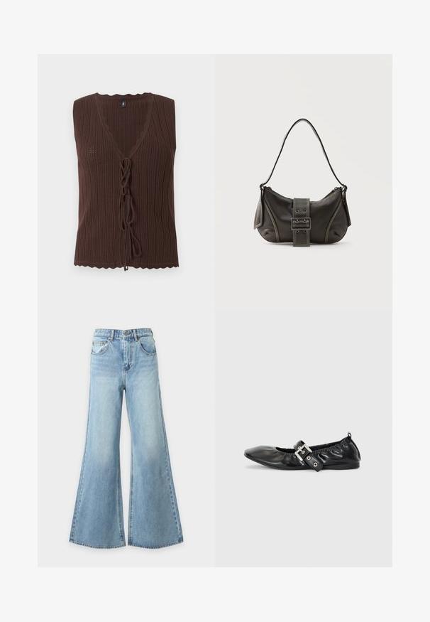 Top marron sans manches en maille côtelée avec col en V et fermetures nouées à l'avant, présentant des bords festonnés à l'ourlet et à l'encolure.; Jean bleu clair à jambes larges en denim avec fermeture à bouton et fermeture éclair à l'avant, passants de ceinture et poches avant, présenté sur un fond uni.; Chaussure plate en cuir noir avec un nez pointu, des détails froncés autour de l'ouverture et un accent en boucle argentée sur la bride ajustable.; Sac à épaule en cuir noir avec une sangle à boucle, des bords arrondis et des coutures blanches contrastées sur un fond uni.