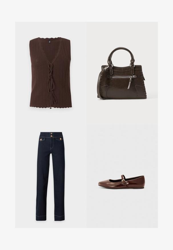 Top marron sans manches en maille côtelée avec col en V et fermetures nouées à l'avant, présentant des bords festonnés à l'ourlet et à l'encolure.; Jean bleu foncé taille haute avec jambes droites, boutons en cuivre, poches à rabat à l'avant et coutures jaunes visibles.; Ballerine en cuir verni marron avec un bout carré et une lanière ornée d'une petite boucle dorée. Texture lisse, talon bas et design minimaliste.; Sac à main en cuir marron avec poignées supérieures, poche avant zippée et détails tissés sur les côtés. Texture lisse et forme structurée.