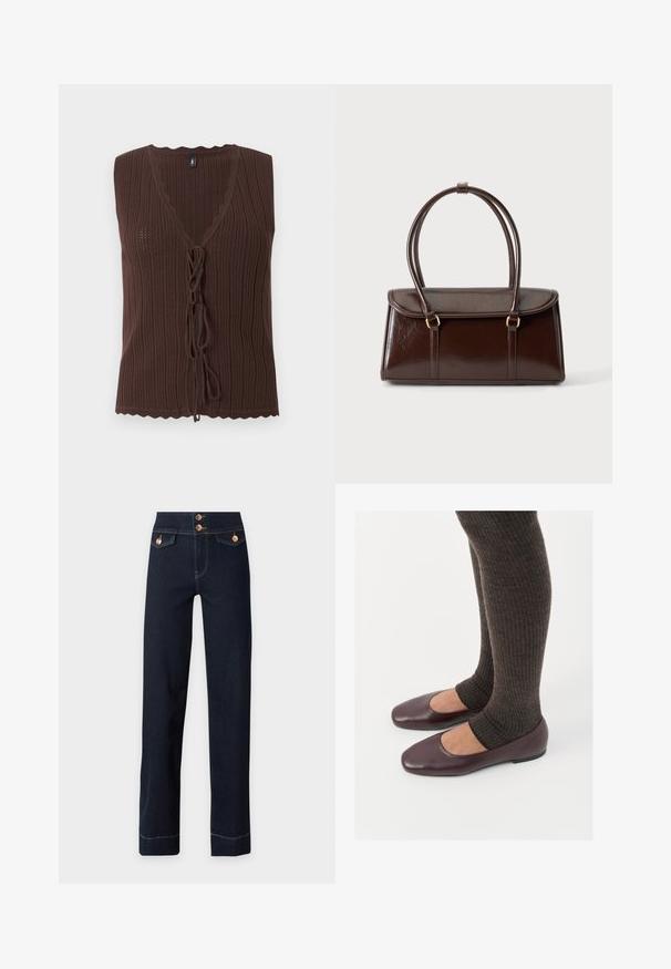 Top marron sans manches en maille côtelée avec col en V et fermetures nouées à l'avant, présentant des bords festonnés à l'ourlet et à l'encolure.; Jean bleu foncé taille haute avec jambes droites, boutons en cuivre, poches à rabat à l'avant et coutures jaunes visibles.; Ballerines en cuir verni bourgogne à bout carré, accompagnées de chaussettes en tricot côtelé marron foncé atteignant le molet.; Sac à main rectangulaire en cuir marron foncé avec deux anses en boucle et une fermeture à rabat sur un fond clair uni.