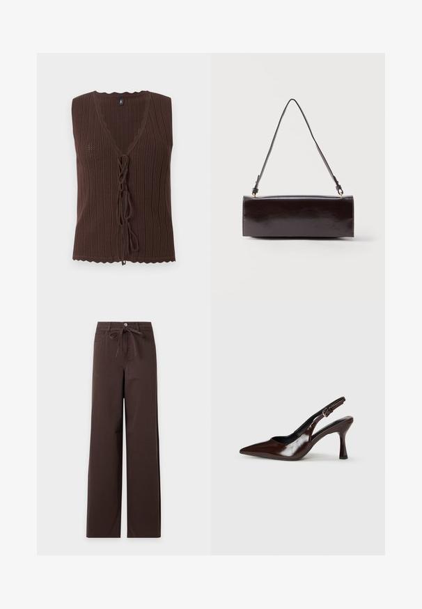 Top marron sans manches en maille côtelée avec col en V et fermetures nouées à l'avant, présentant des bords festonnés à l'ourlet et à l'encolure.; Pantalon large marron foncé avec fermeture à boutons et fermeture éclair à l'avant, passants de ceinture, poches avant et ceinture en tissu nouée à la taille.; Talons slingback en cuir verni brun avec un bout pointu, un talon fin, et une sangle réglable avec une petite boucle.; Sac à main rectangulaire en cuir noir avec une longue bandoulière unique et une finition brillante, présenté sur un fond blanc uni.