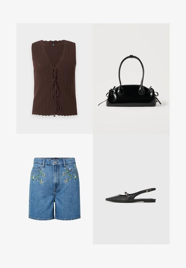 Top marron sans manches en maille côtelée avec col en V et fermetures nouées à l'avant, présentant des bords festonnés à l'ourlet et à l'encolure.; Short en jean bleu avec broderie florale à l'avant, fermeture par bouton et zip, et poches avant.; Chaussures slingback en cuir noir avec un bout pointu, comprenant une lanière étroite et un accent de boucle argentée sur le côté. Semelle plate.; Petit sac à main noir brillant avec deux longues anses et des détails à cordon sur les côtés sur un fond clair uni.
