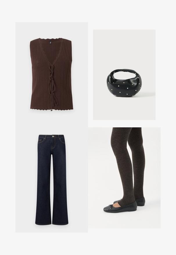 Top marron sans manches en maille côtelée avec col en V et fermetures nouées à l'avant, présentant des bords festonnés à l'ourlet et à l'encolure.; Jean en denim bleu foncé à jambes larges avec poches avant, fermeture par bouton et fermeture éclair, et coutures contrastantes visibles.; Jambes portant des leggings côtelés foncés associés à des ballerines noires avec de petits détails en nœud sur fond blanc.; Sac à main en cuir noir de forme arrondie, décoré de clous argentés et équipé d'une poignée courte. Texture lisse et fermeture éclair.