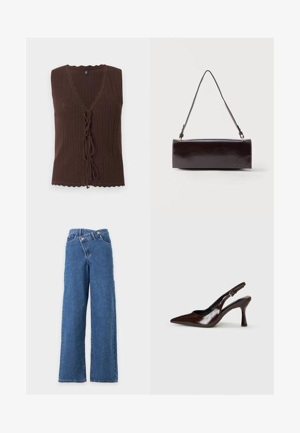 Top marron sans manches en maille côtelée avec col en V et fermetures nouées à l'avant, présentant des bords festonnés à l'ourlet et à l'encolure.; Jean denim bleu à jambes larges, taille haute avec fermeture à boutons chevauchants sur fond blanc uni.; Talons slingback en cuir verni brun avec un bout pointu, un talon fin, et une sangle réglable avec une petite boucle.; Sac à main rectangulaire en cuir noir avec une longue bandoulière unique et une finition brillante, présenté sur un fond blanc uni.