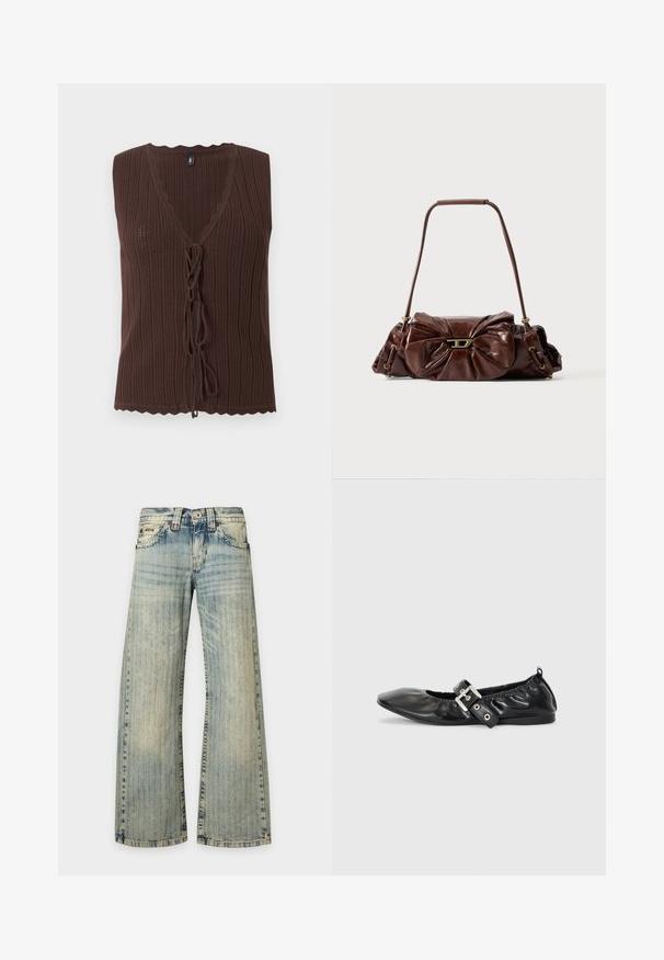 Top marron sans manches en maille côtelée avec col en V et fermetures nouées à l'avant, présentant des bords festonnés à l'ourlet et à l'encolure.; Jean en denim bleu clair avec un motif à rayures verticales délavées, poches avant, fermeture à boutons et jambes larges et droites.; Chaussure plate en cuir noir avec un nez pointu, des détails froncés autour de l'ouverture et un accent en boucle argentée sur la bride ajustable.; Sac à main en cuir marron avec détails froncés et fermoir doré, doté d'une fine bandoulière et de côtés froncés.