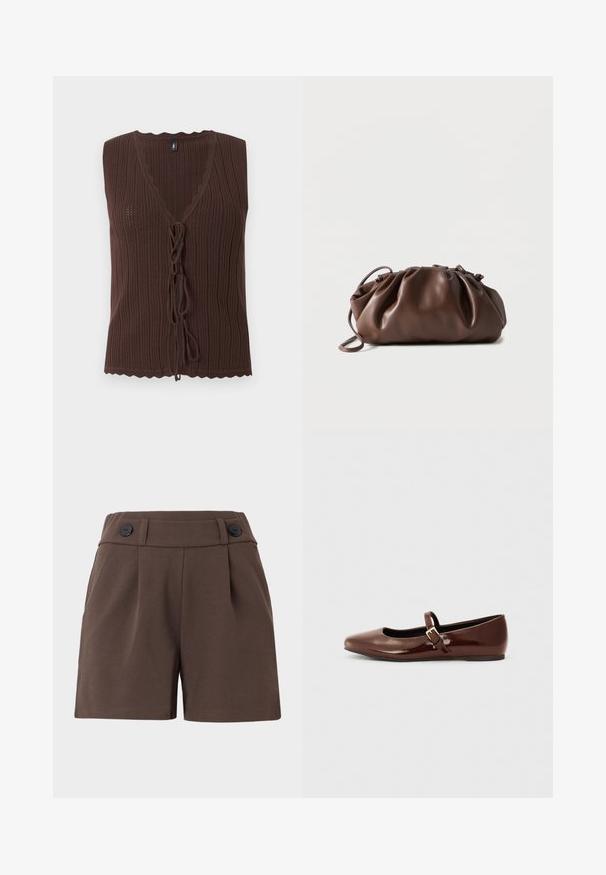Top marron sans manches en maille côtelée avec col en V et fermetures nouées à l'avant, présentant des bords festonnés à l'ourlet et à l'encolure.; Shorts bruns en tissu texturé, avec une taille haute, des plis et deux boutons noirs à l'avant. Conception taillée avec des poches latérales.; Ballerine en cuir verni marron avec un bout carré et une lanière ornée d'une petite boucle dorée. Texture lisse, talon bas et design minimaliste.; Sacoche en cuir marron doux avec un haut froncé et une fine bandoulière, posée sur un fond blanc.