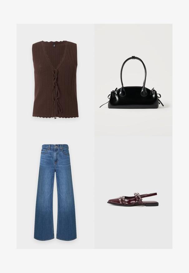Top marron sans manches en maille côtelée avec col en V et fermetures nouées à l'avant, présentant des bords festonnés à l'ourlet et à l'encolure.; Jean denim bleu à jambes larges avec bouton avant et fermeture éclair, style cinq poches, et passants pour ceinture, présenté sur un fond blanc.; Chaussure plate slingback en cuir verni bordeaux avec un bout pointu, présentant des lanières décoratives avec des accents métalliques.; Petit sac à main noir brillant avec deux longues anses et des détails à cordon sur les côtés sur un fond clair uni.