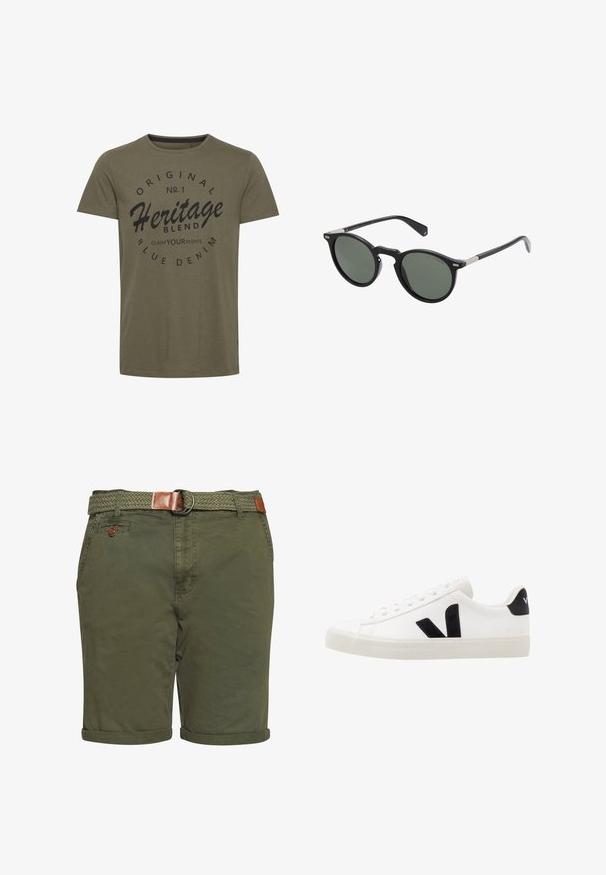 T-shirt en coton vert olive avec un col rond, comportant un texte imprimé noir : "Original No. 1 Heritage Blend Claim Your Rights" dans un design circulaire.; Shorts vert olive en coton avec une ceinture tissée. Présentent des ourlets roulés, des poches avant et un accent en cuir sur la ceinture.; Sneaker blanche en cuir avec des accents en daim noir ; dispose d'une semelle en caoutchouc, d'un bout rond et d'un design classique à lacets. Logo latéral en noir.; Lunettes de soleil rondes noires avec des verres verts foncés, monture en plastique et accents en métal sur les branches. Texture lisse, design minimaliste.