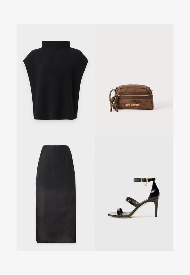 Haut noir sans manches avec un col montant et une coupe ample, présenté sur un fond blanc uni.; Jupe crayon noire taille haute, coupe droite, texture lisse, sans motifs ni ornements visibles.; Sandale en cuir verni noir avec trois brides, boucle de cheville et talon aiguille de 10 cm. Présente un détail en métal doré et un charm logo.; Sac bandoulière marron Love Moschino avec fermeture éclair dorée et logo, forme arrondie, sangle réglable et tirettes décoratives.