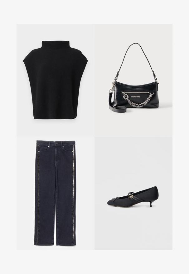 Schwarzes ärmelloses Top mit hohem Kragen und lockerem Sitz, gezeigt vor weißem Hintergrund.; Dunkelblaue Denim-Jeans mit einem geraden Schnitt und einer Reihe von Metallic-Nieten entlang der Seitennähte, die einen markanten Akzent setzen.; Schwarze Satin-Ballerinas mit niedrigem Absatz und spitz zulaufender Schuhspitze, verziert mit einer dekorativen Schleife und dünnen Lederriemen mit goldenen Akzenten.; Schwarze Moschino Umhängetasche "Black Love" mit silberner Kettendetail, Reißverschlusstasche und verstellbarem Riemen vor weißem Hintergrund.