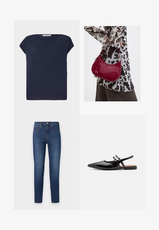 Marineblauwe T-shirt met korte mouwen van lichtgewicht stof. Heeft een enkele zak aan de linkerkant en een ontspannen pasvorm.; GAP SKINNY HAVEL - Jeans Skinny Fit - dark wash; Zwarte gepatineerde leren slingback schoenen hebben een spitse neus, twee banden met gespsieraden en een platte zool.; Vrouw met een zwart-wit gebloemde blouse houdt een glanzende rode schoudertas vast tegen een effen achtergrond.
